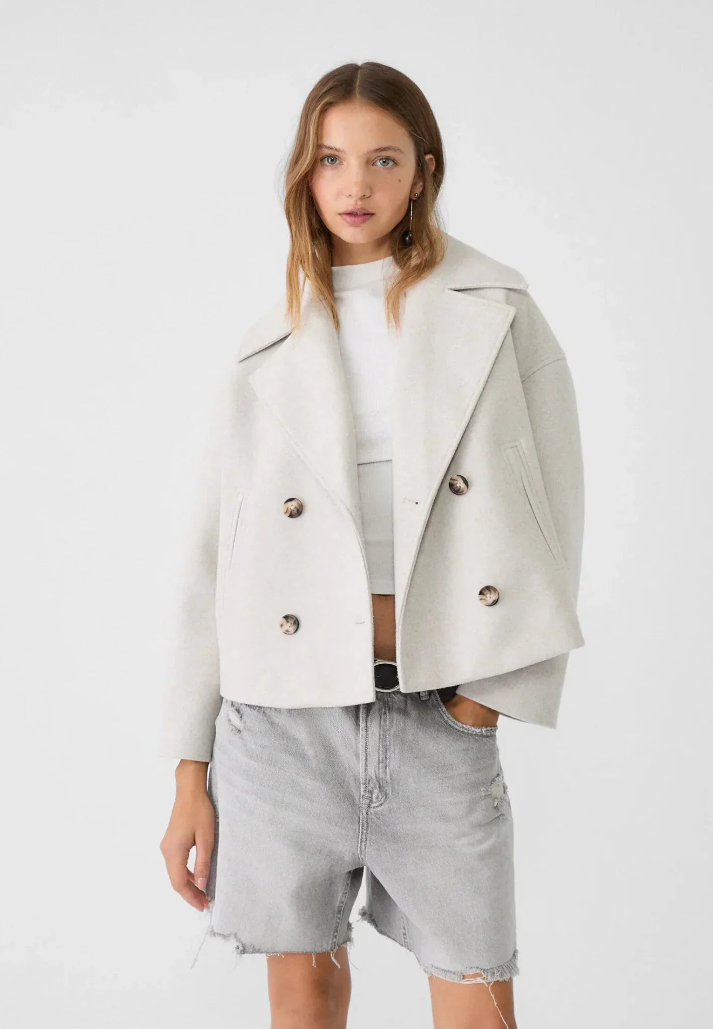 Cropped Double-Breasted Jacket – Oversized Lapel Collar Coat