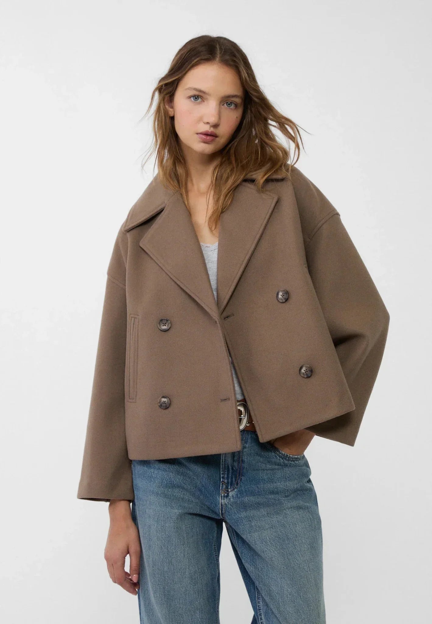 Cropped Double-Breasted Jacket – Oversized Lapel Collar Coat