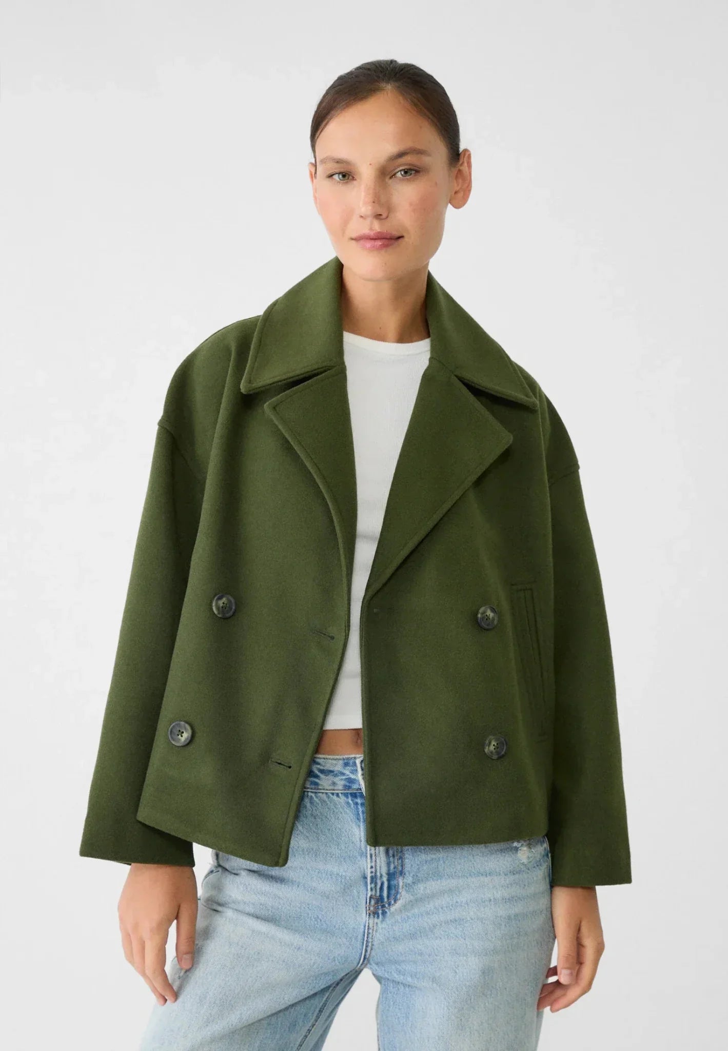 Cropped Double-Breasted Jacket – Oversized Lapel Collar Coat