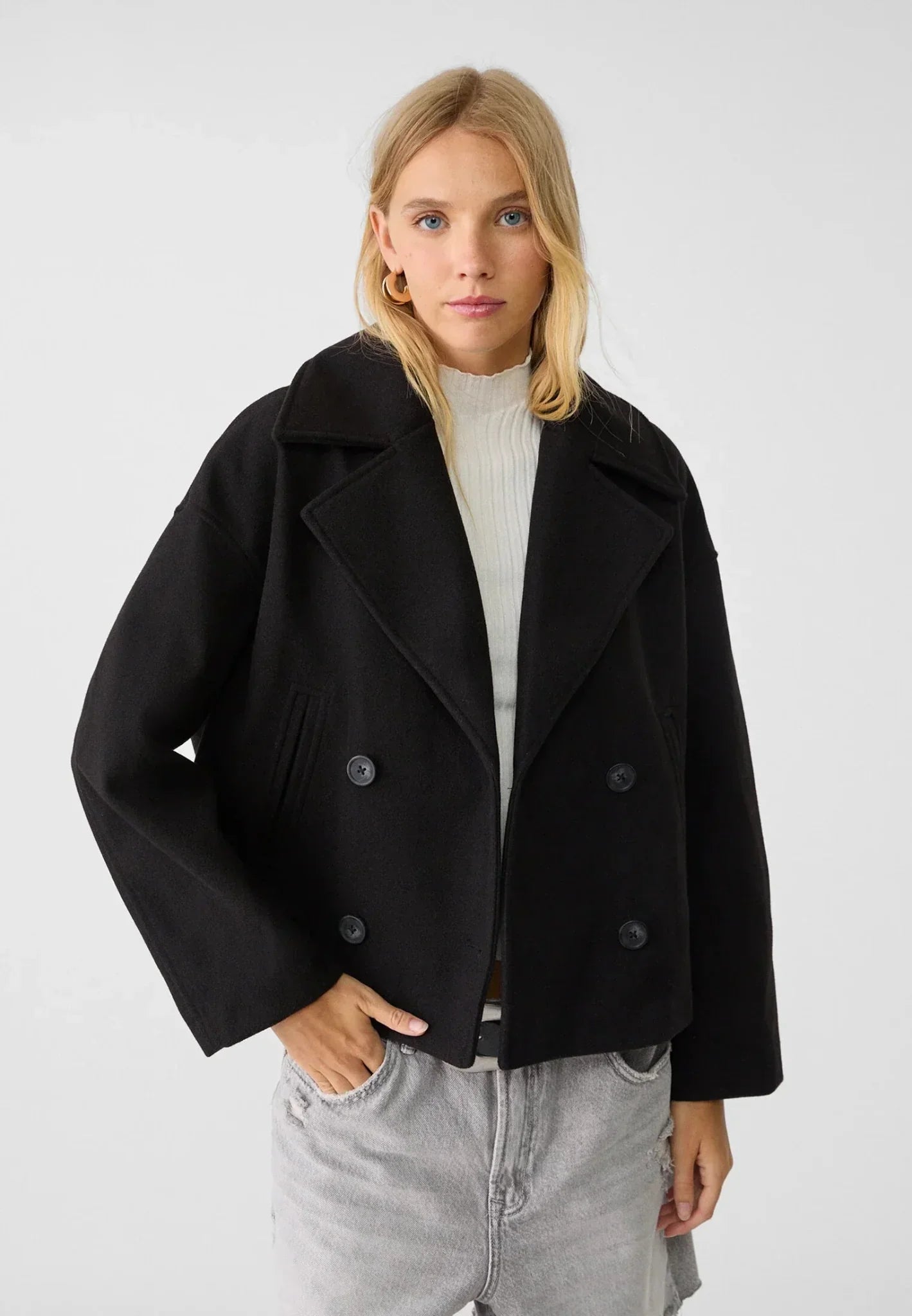 Cropped Double-Breasted Jacket – Oversized Lapel Collar Coat