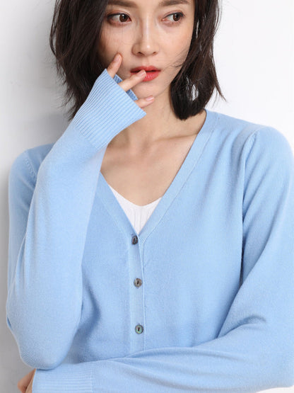 Knit V-Neck Cardigan – Button-Front Long Sleeve Layering Sweater