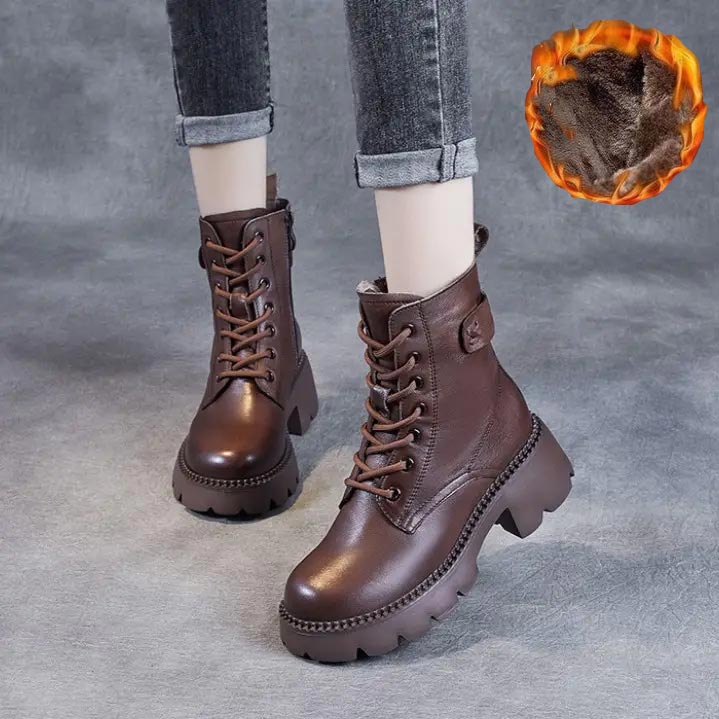 Leather Platform Lace-Up Ankle Boots – Chunky Lug Sole Side Zip