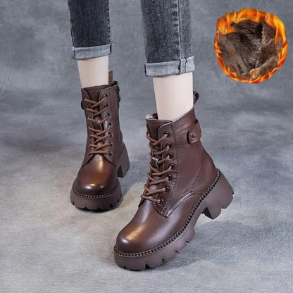 Leather Platform Lace-Up Ankle Boots – Chunky Lug Sole Side Zip