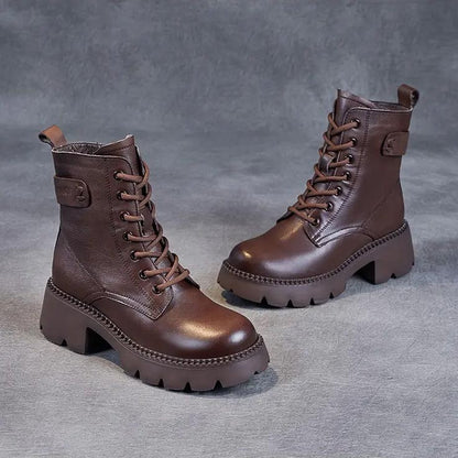 Leather Platform Lace-Up Ankle Boots – Chunky Lug Sole Side Zip