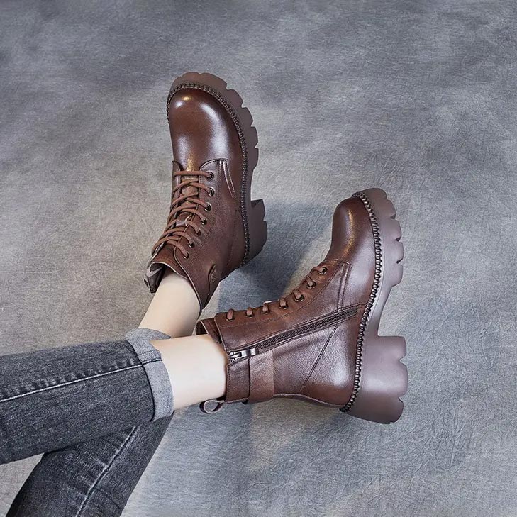 Leather Platform Lace-Up Ankle Boots – Chunky Lug Sole Side Zip
