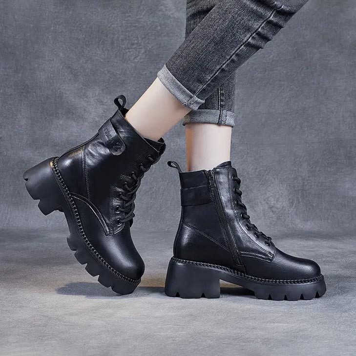 Leather Platform Lace-Up Ankle Boots – Chunky Lug Sole Side Zip