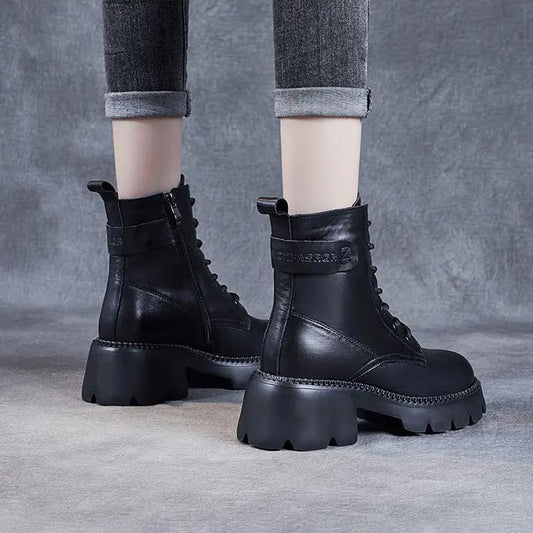 Leather Platform Lace-Up Ankle Boots – Chunky Lug Sole Side Zip