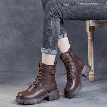 Leather Platform Lace-Up Ankle Boots – Chunky Lug Sole Side Zip