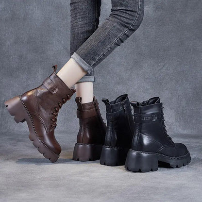 Leather Platform Lace-Up Ankle Boots – Chunky Lug Sole Side Zip