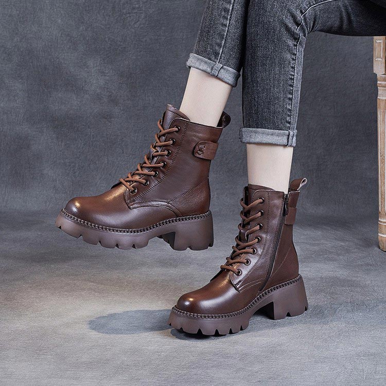 Leather Platform Lace-Up Ankle Boots – Chunky Lug Sole Side Zip