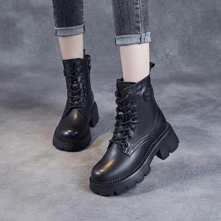 Leather Platform Lace-Up Ankle Boots – Chunky Lug Sole Side Zip