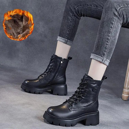 Leather Platform Lace-Up Ankle Boots – Chunky Lug Sole Side Zip