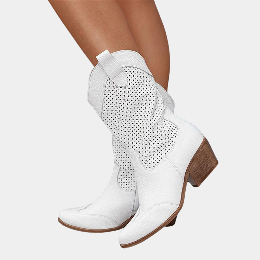 Perforated Western Cowboy Boots – Mid-Calf Block Heel Pull-On