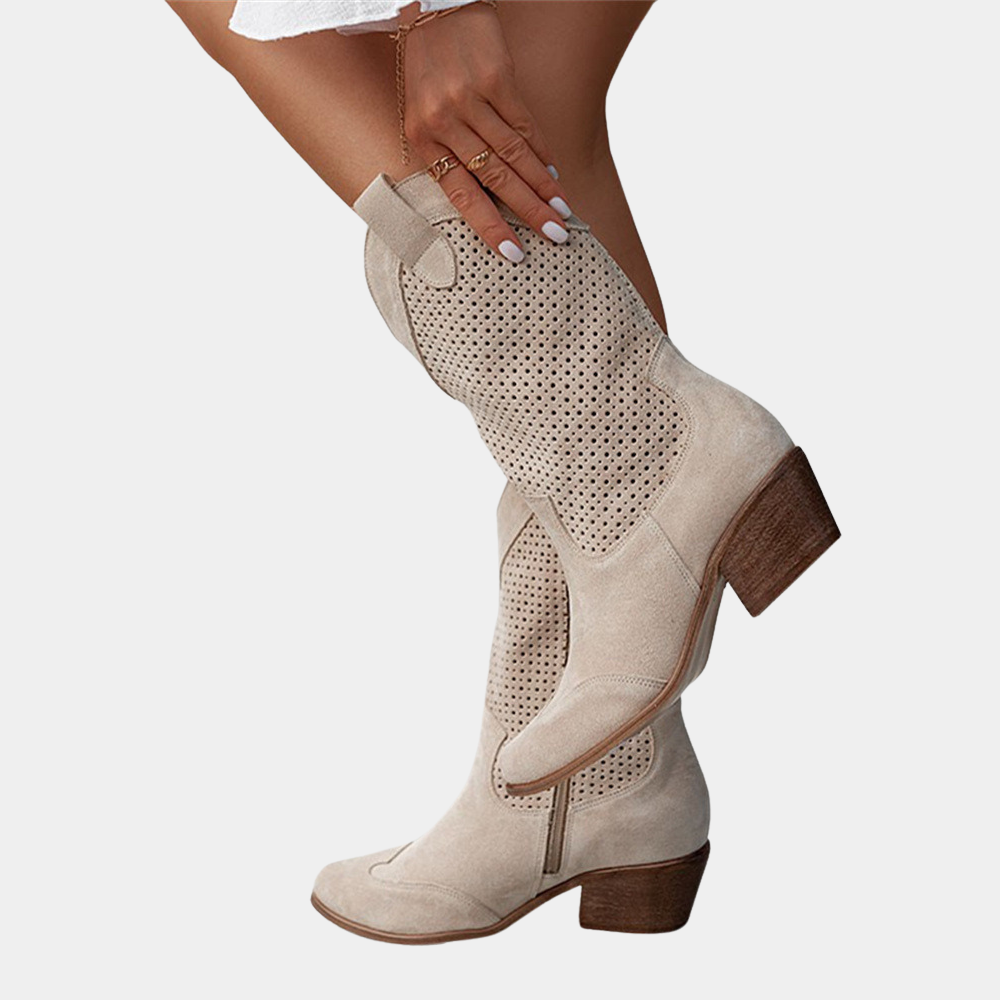 Perforated Western Cowboy Boots – Mid-Calf Block Heel Pull-On