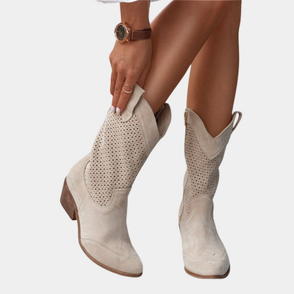 Perforated Western Cowboy Boots – Mid-Calf Block Heel Pull-On