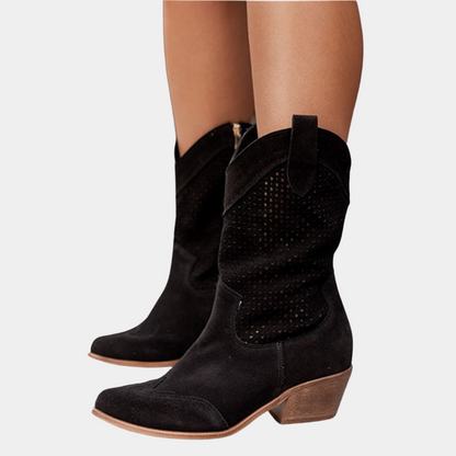 Perforated Western Cowboy Boots – Mid-Calf Block Heel Pull-On