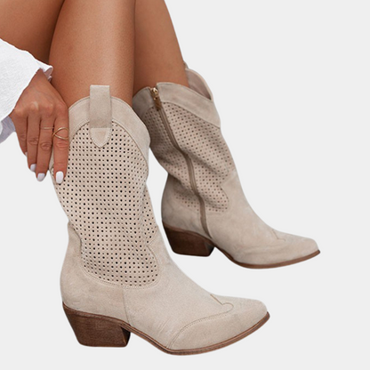 Perforated Western Cowboy Boots – Mid-Calf Block Heel Pull-On