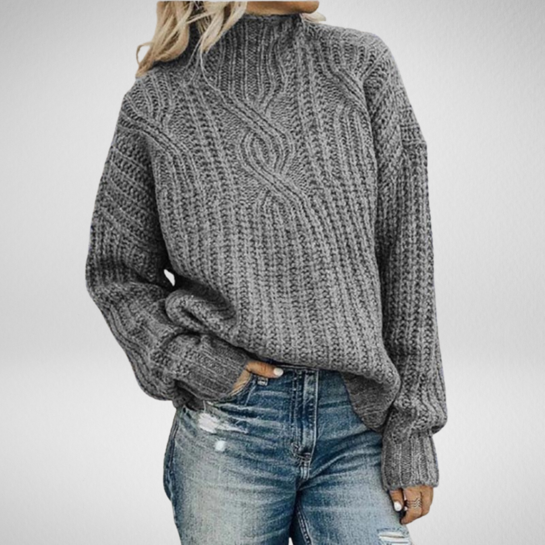 Chunky Cable Knit Pullover Sweater – Oversized Mock Neck Long Sleeve