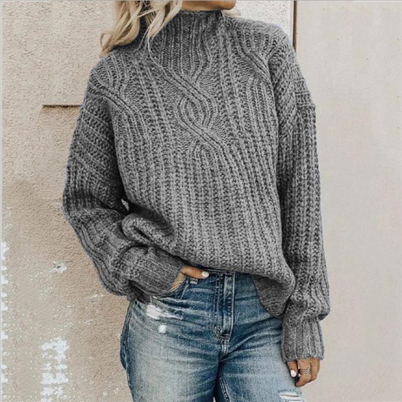 Chunky Cable Knit Pullover Sweater – Oversized Mock Neck Long Sleeve