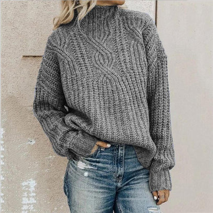 Chunky Cable Knit Pullover Sweater – Oversized Mock Neck Long Sleeve