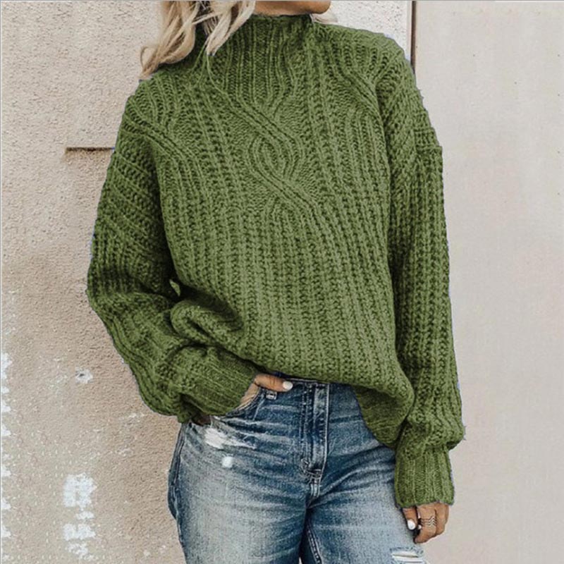 Chunky Cable Knit Pullover Sweater – Oversized Mock Neck Long Sleeve