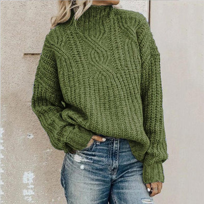 Chunky Cable Knit Pullover Sweater – Oversized Mock Neck Long Sleeve