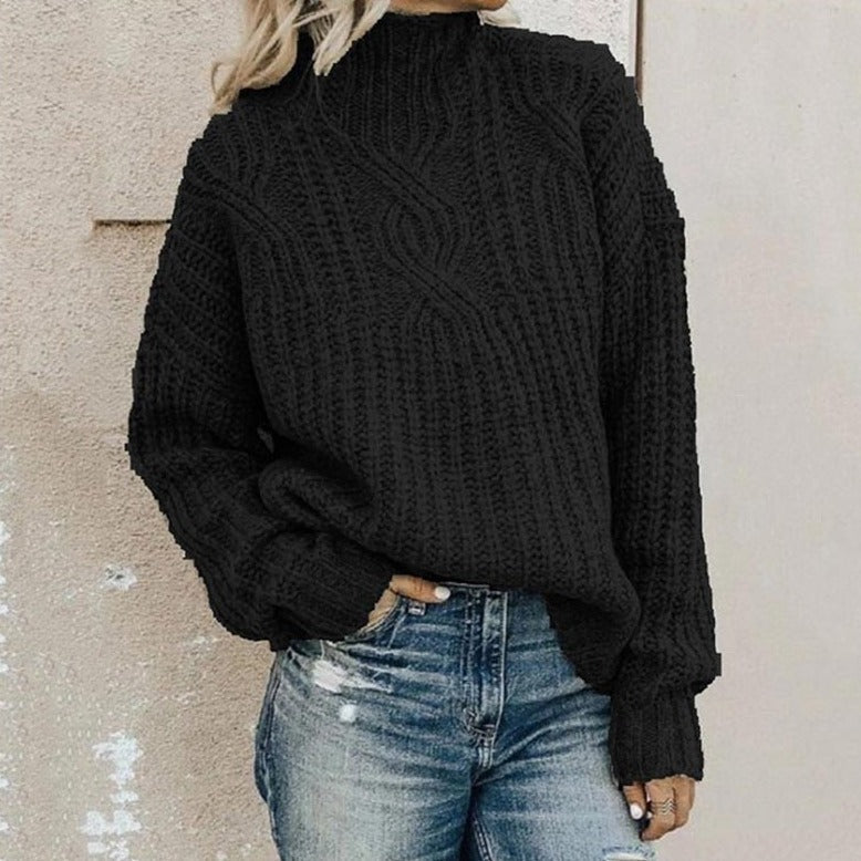 Chunky Cable Knit Pullover Sweater – Oversized Mock Neck Long Sleeve