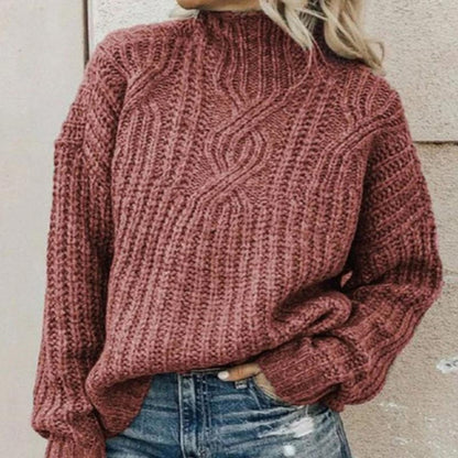 Chunky Cable Knit Pullover Sweater – Oversized Mock Neck Long Sleeve