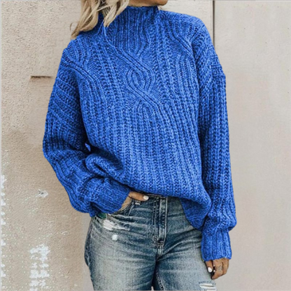 Chunky Cable Knit Pullover Sweater – Oversized Mock Neck Long Sleeve