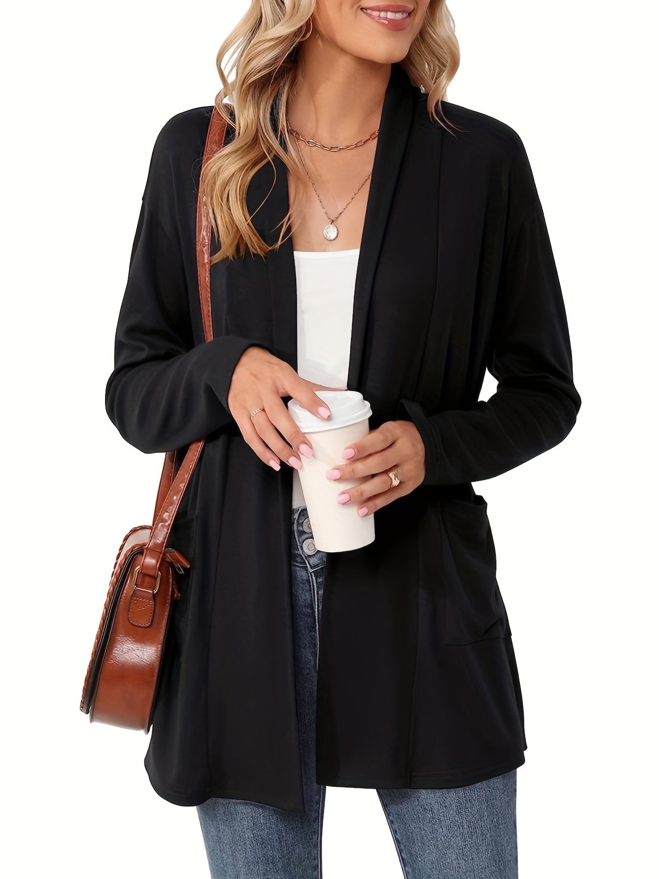 Open Front Cardigan – Women's Long Sleeve Shawl Collar With Pockets