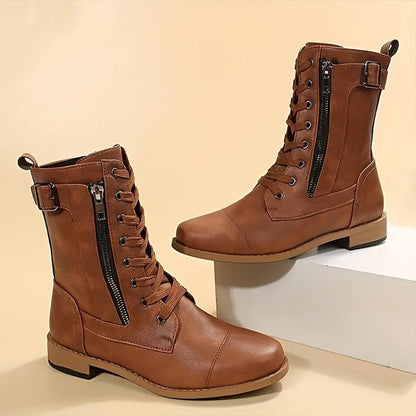 Women's Lace-Up Combat Boots – Mid-Calf Side Zip Buckle Detail