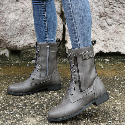 Women's Lace-Up Combat Boots – Mid-Calf Side Zip Buckle Detail