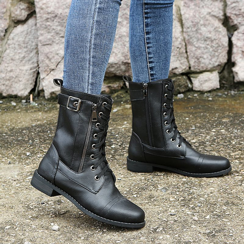 Women's Lace-Up Combat Boots – Mid-Calf Side Zip Buckle Detail