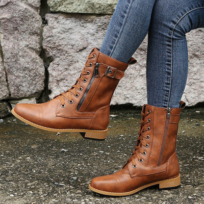 Women's Lace-Up Combat Boots – Mid-Calf Side Zip Buckle Detail