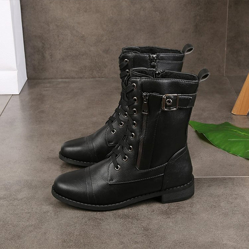 Women's Lace-Up Combat Boots – Mid-Calf Side Zip Buckle Detail
