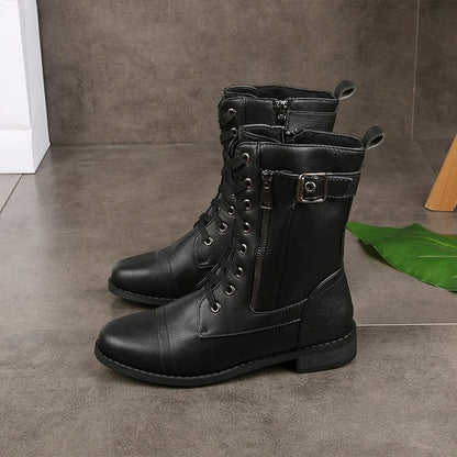 Women's Lace-Up Combat Boots – Mid-Calf Side Zip Buckle Detail
