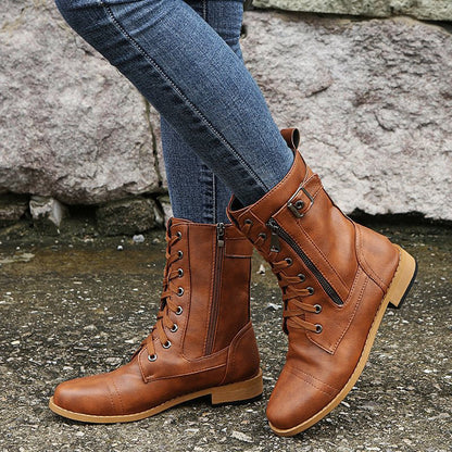 Women's Lace-Up Combat Boots – Mid-Calf Side Zip Buckle Detail