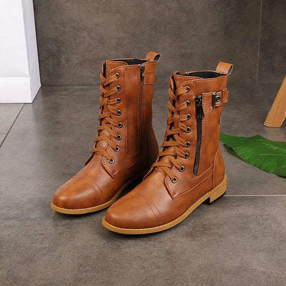 Women's Lace-Up Combat Boots – Mid-Calf Side Zip Buckle Detail
