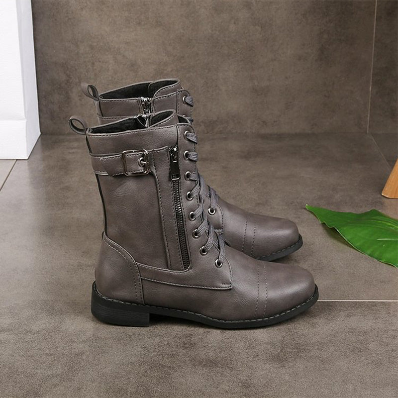 Women's Lace-Up Combat Boots – Mid-Calf Side Zip Buckle Detail