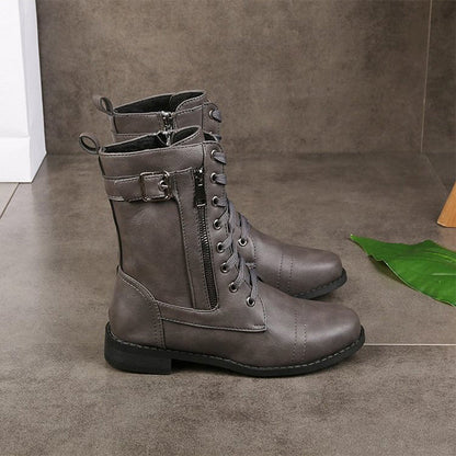Women's Lace-Up Combat Boots – Mid-Calf Side Zip Buckle Detail
