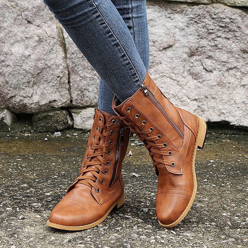 Women's Lace-Up Combat Boots – Mid-Calf Side Zip Buckle Detail