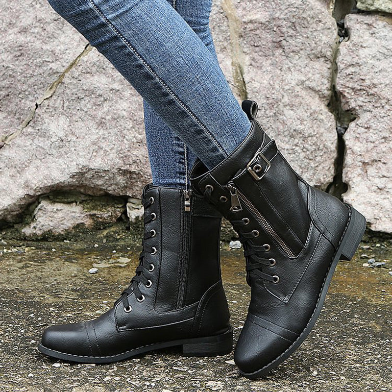 Women's Lace-Up Combat Boots – Mid-Calf Side Zip Buckle Detail