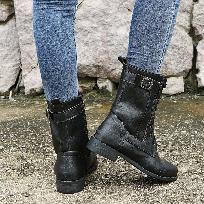 Women's Lace-Up Combat Boots – Mid-Calf Side Zip Buckle Detail