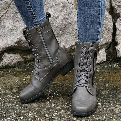 Women's Lace-Up Combat Boots – Mid-Calf Side Zip Buckle Detail