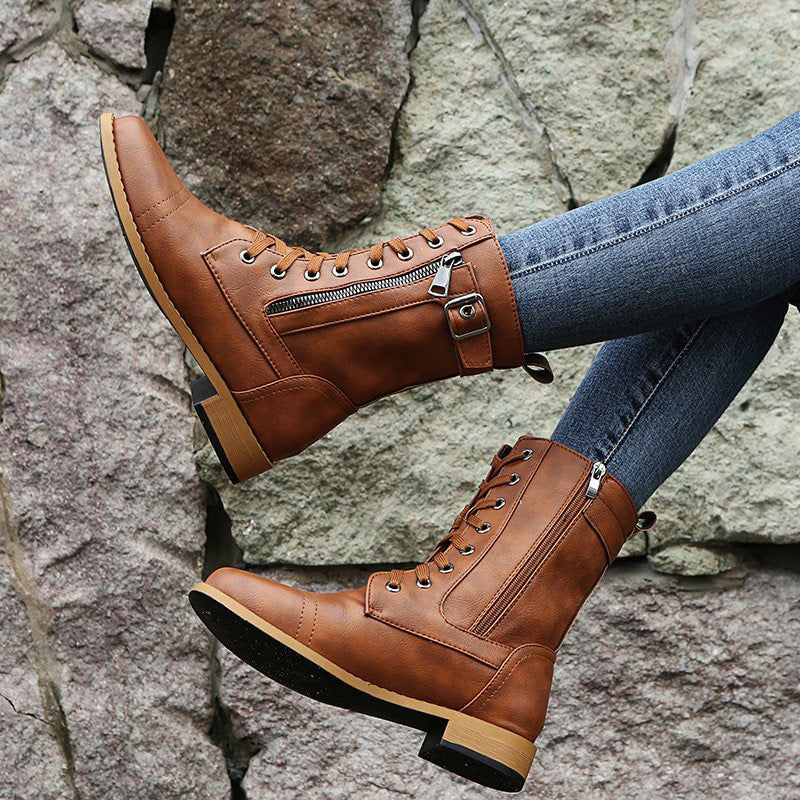 Women's Lace-Up Combat Boots – Mid-Calf Side Zip Buckle Detail