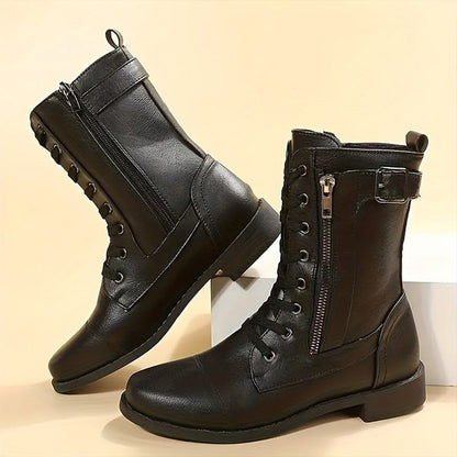 Women's Lace-Up Combat Boots – Mid-Calf Side Zip Buckle Detail