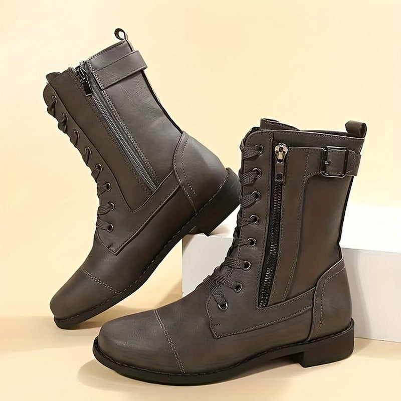 Women's Lace-Up Combat Boots – Mid-Calf Side Zip Buckle Detail