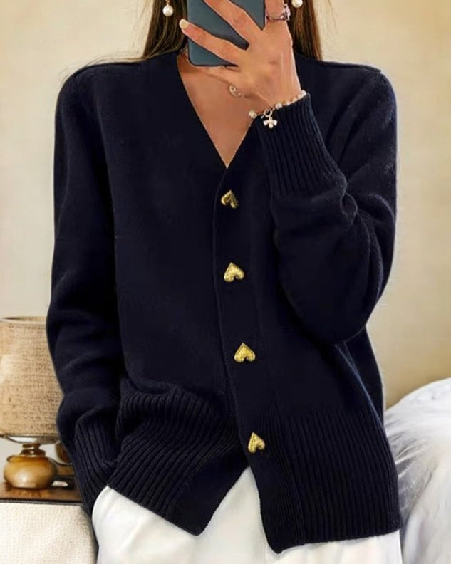 Knit V-Neck Cardigan with Heart Buttons – Long Sleeve Button-Down