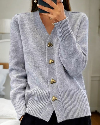 Knit V-Neck Cardigan with Heart Buttons – Long Sleeve Button-Down