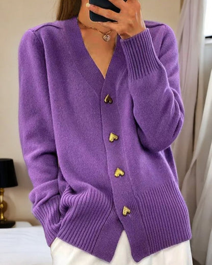 Knit V-Neck Cardigan with Heart Buttons – Long Sleeve Button-Down